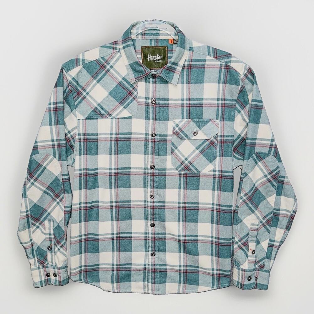 Howler Brothers Mens S Harkers Flannel Shirt Elbow Patches Green Cream Plaid